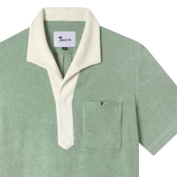 Tombolo Green White Cabana Terrycloth Toweling Polo Beach Shirt, Size Medium - Picture 4 of 6